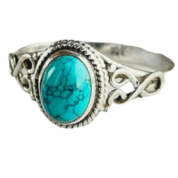 Fashion Oval Hollow Out Inlay Turquoise Women's Ring, Size 9 - Picture 2 of 4